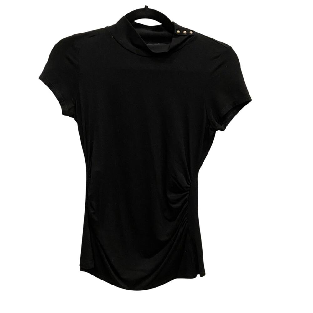 WHBM Black High Mock Neck Blouse Short-sleeved Shirt Top Gold Stud accents XXS